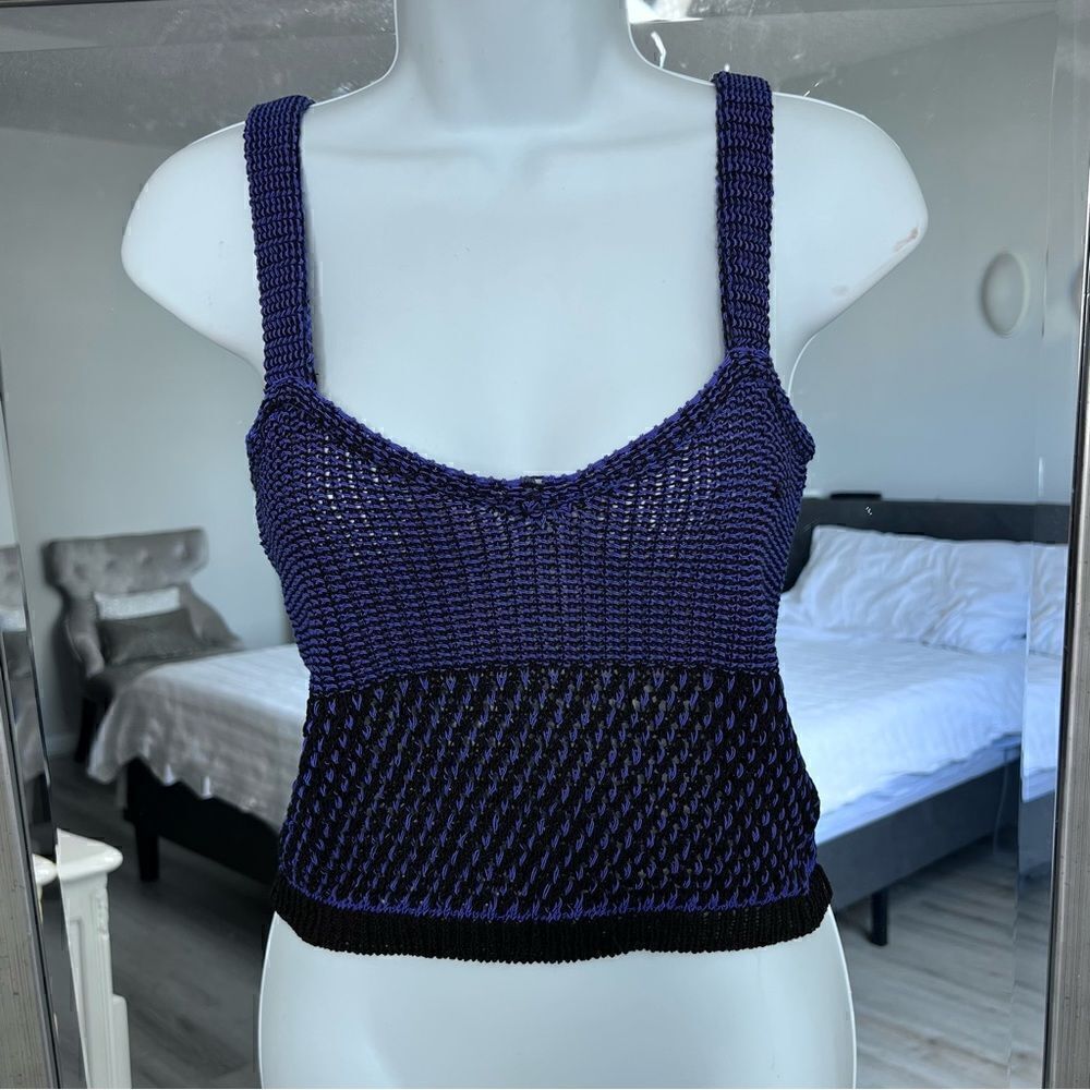 ZARA Ladies Short Crochet Crop Top Blue & Black Unlined Pull On Size M